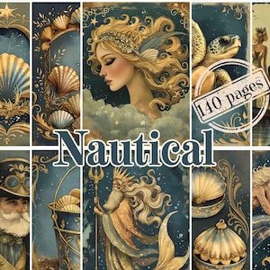Puede incluir: Una colección de ilustraciones de temática náutica con una estética vintage. La obra presenta sirenas, conchas marinas y una tortuga marina, con una paleta de colores azules, dorados y crema. La palabra "Nautical" se muestra de forma destacada.