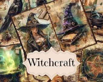 May include: A collage of vintage-style images with a witchcraft theme. The images include a black crow, a witch with a pointed hat, a book of spells, and a pentagram. The text "Witchcraft" is written in a decorative font.
