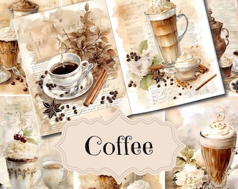 Pode incluir: Uma colagem de imagens com bebidas de café, doces e grãos de café. As imagens estão sobre um fundo de papel vintage com texto escrito à mão. A palavra "Coffee" está escrita em uma fonte decorativa em uma faixa bege.
