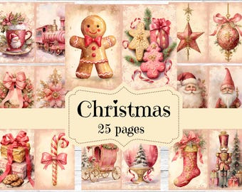 May include: A digital paper pack with 25 pages of Christmas themed illustrations. The illustrations feature gingerbread men, candy canes, nutcrackers, stockings, and other festive imagery. The illustrations are in a vintage style with a pink and white color scheme.
