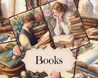 May include: A collage of images featuring vintage books, flowers, and antique objects. The word "Books" is written in a decorative font on a white banner.