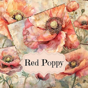 Rote Mohnblume Junk Journal Liefert Blumen Sammelalbum druckbare Seiten Frühling Garten Junk Journal Vintage Shabby Chic rote Mohnblume Hintergründe
