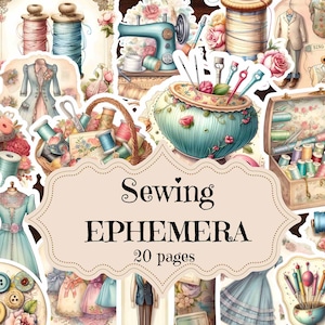 Kit de diario de costura vintage, recortes de costura, material imprimible para álbumes de recortes, material para manualidades de costura, suministros para diario de costura vintage, etiquetas de costura shabby chic