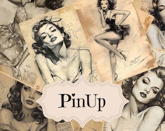 Puede incluir: Un collage de ilustraciones vintage de estilo pin-up con mujeres de cabello largo y fluido en poses glamurosas. Las ilustraciones están dibujadas en blanco y negro sobre un fondo de papel texturizado.