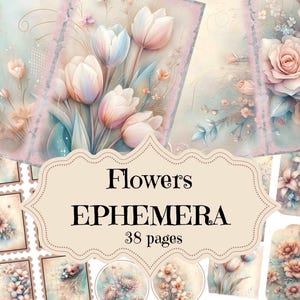 Puede incluir: Un paquete de papel digital con 38 páginas de diseños florales. El paquete incluye imágenes de rosas rosas, tulipanes blancos y otras flores en un estilo vintage.