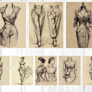 May include: A collection of fashion sketches featuring various outfits, including dresses, pants, and jackets. The drawings are in a monochrome style, showcasing the designs with detailed shading and lines. The sketches are on a beige background.