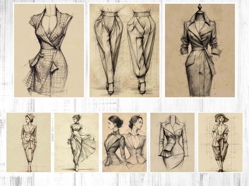 May include: A collection of fashion sketches featuring various outfits, including dresses, pants, and jackets. The drawings are in a monochrome style, showcasing the designs with detailed shading and lines. The sketches are on a beige background.