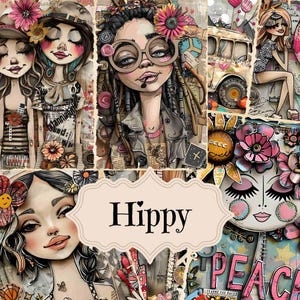 Kit de diario basura hippy, álbum de recortes hippy vintage, fondos imprimibles, materiales para diario basura de patchwork, colección hippy digital shabby chic