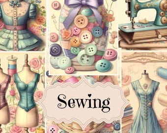 May include: A collage of images related to sewing, including a jar filled with colorful buttons, a vintage sewing machine, and a mannequin wearing a blue dress. The text "Sewing" is featured in the center of the collage.