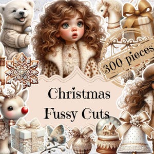 Op de afbeelding: Een verzameling kerst-thema fussy cuts met diverse illustraties. De afbeelding bevat een pop, een ijsbeer, een rendier, een notenkraker en andere feestelijke elementen. De tekst op de afbeelding luidt "Christmas Fussy Cuts" en "300 pieces".