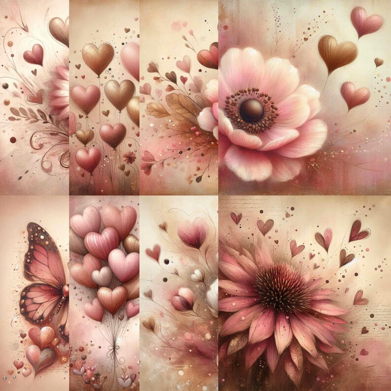 Op de afbeelding: Een collage van romantische illustraties met harten, bloemen en een vlinder in zachte roze en bruine tinten. De afbeeldingen roepen een gevoel van liefde en tederheid op, perfect voor Valentijnsdag of andere speciale gelegenheden. Het kunstwerk heeft een vintage, aquarel stijl.