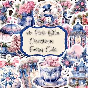 Pingelige Schnitte Weihnachten Vintage Junk Journal fussy Schnitte Weihnachten Clipart Scrapbook druckbare Aufkleber Aquarell rosa blau Weihnachten Ephemera