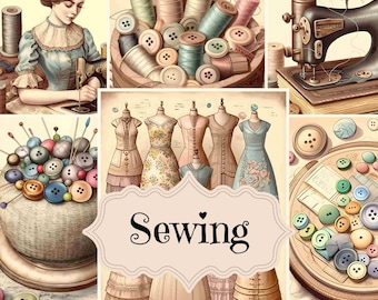Puede incluir: Un collage de inspiración vintage con artículos de costura, incluyendo carretes de hilo, botones y una máquina de coser. La imagen también incluye a una mujer cosiendo y un cartel que dice "Costura".
