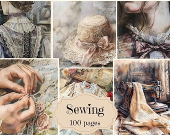 May include: A collage of images featuring vintage sewing-themed artwork. The images include a woman wearing a lace dress, a hat with lace trim, a sewing machine, and a hand holding lace fabric. The text "Sewing 100 pages" is included in the collage.