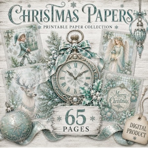 May include: A digital collection titled CHRISTMAS PAPERS PRINTABLE PAPER COLLECTION featuring 65 PAGES. The design includes a vintage clock, an elf with gifts, an angel, a reindeer, and a Christmas ornament, all in shades of blue and white.
