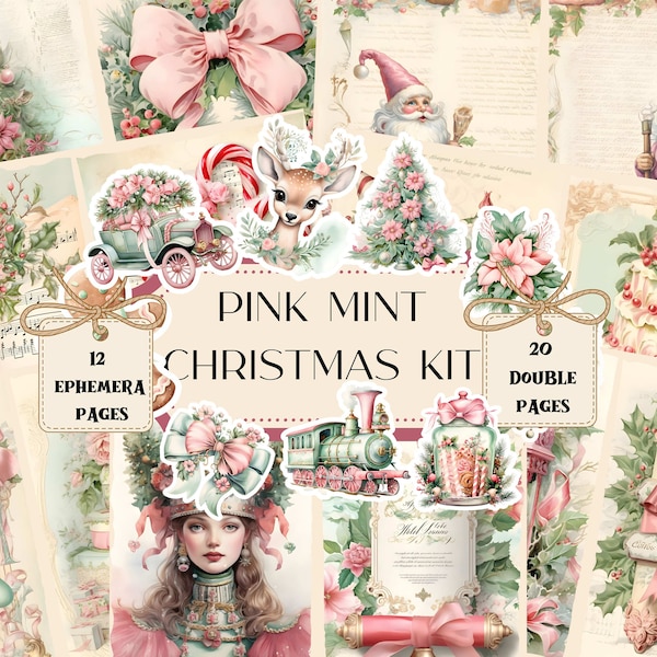 Junk Journal Kit Pink Mint Christmas Watercolor Junk Journal Vintage Scrapbook Supplies Christmas Shabby Chic Ephemera Printable Backgrounds