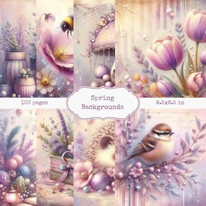 Puede incluir: Una colección de fondos digitales con temática primaveral en suaves colores pastel. Las imágenes presentan arreglos florales, una abeja, un pájaro y elementos decorativos. El texto en la imagen dice "Spring Backgrounds" y "8.5x8.5 in" (aproximadamente 21,6 x 21,6 cm). Hay 100 páginas.