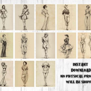 May include: A collection of fashion sketches featuring various women's outfits, including dresses, pantsuits, and skirts. The drawings are in a vintage style, with detailed shading and line work. The text "INSTANT DOWNLOAD, NO PHYSICAL PRODUCT WILL BE SHIPPED" is also visible.