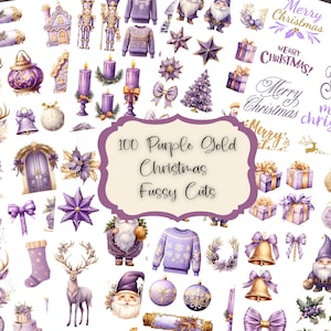 Lila Weihnachten Fussy Cuts Junk Journal Kit Weihnachten Sammelalbum Druckbare Aufkleber Aquarell Cliparts Lila Gold Weihnachten Ephemera