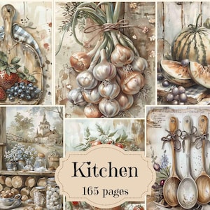 Aquarela Rústico Cozinha Junk Diário Suprimentos Vintage Livro de Receitas Scrapbook Papel Digital Páginas de Culinária Shabby Chic Cottagecore Fundos