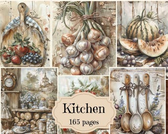 May include: A collage of images with a kitchen theme. The images include a wooden cutting board with fruit, a bunch of onions, a watermelon, and a set of wooden spoons. The text "Kitchen 165 pages" is in the center of the collage.