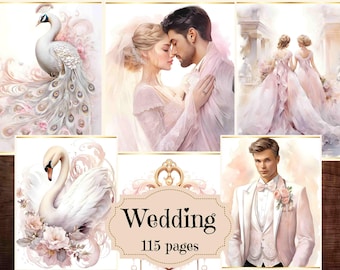 May include: A collage of images featuring a white peacock, a swan, a couple in wedding attire, two women in wedding dresses, and a man in a white suit. The collage has a pink and white color scheme and includes the text "Wedding 115 pages".