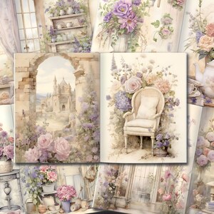 Purple Bloom Delight: Create a whimsical world with this vintage-inspired junk journal kit featuring vibrant purple flowers.