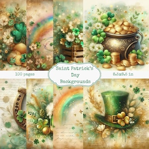 Può includere: Una collezione di sfondi per la festa di San Patrizio con illustrazioni ad acquerello. Le immagini presentano trifogli, pentole d'oro, arcobaleni e un cappello a cilindro verde. Il testo sull'immagine recita "Saint Patrick's Day Backgrounds", "100 pages" e "8.5x8.5 in".