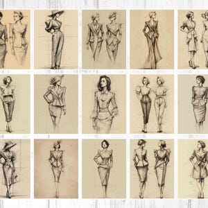 May include: A collection of pencil sketches of fashion illustrations. The drawings depict various women's outfits, including suits, dresses, and ensembles with hats. The sketches are in a vintage style, with a focus on form and silhouette.