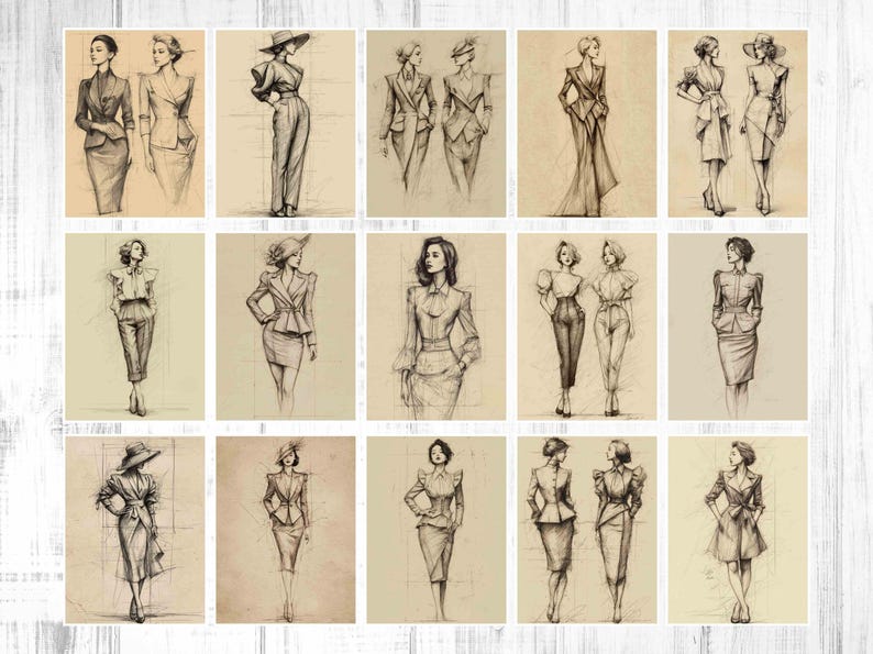 May include: A collection of pencil sketches of fashion illustrations. The drawings depict various women's outfits, including suits, dresses, and ensembles with hats. The sketches are in a vintage style, with a focus on form and silhouette.