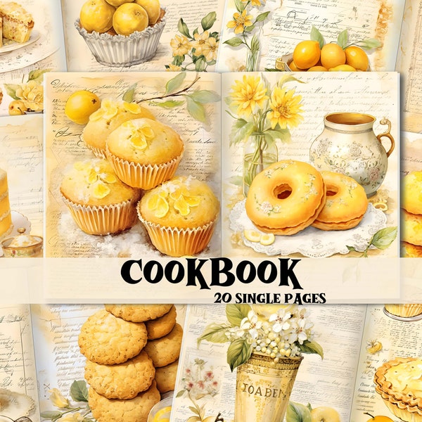 Junk Journal Kit Yellow Vintage Cookbook Scrapbook Digital Paper Kit Cooking Pages Junk Journal Shabby Chic Cookbook Ephemera Printable Art