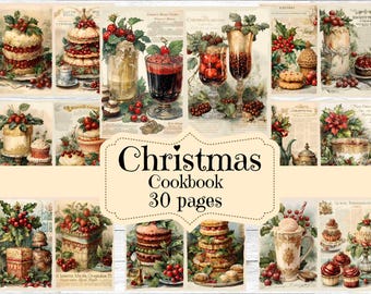 May include: A vintage Christmas cookbook with 30 pages featuring images of holiday desserts, drinks, and decorations. The cover features a collage of images with a red and green color scheme.
