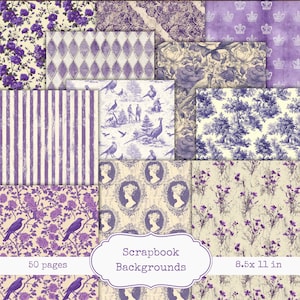 Puede incluir: Una colección de fondos de álbumes de recortes en tonos morados y crema. Los diseños incluyen patrones florales, rayas y retratos de camafeos. La imagen también presenta una etiqueta que dice "Scrapbook Backgrounds" y las dimensiones "8.5x11 in".