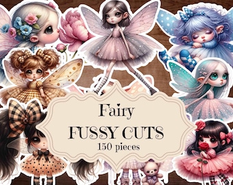 Puede incluir: Un conjunto de 150 recortes de hadas, con hadas coloridas con alas, flores y una tarjeta de título que dice "Fairy Fussy Cuts 150 pieces".