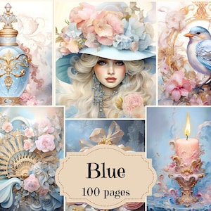 Zestaw Junk Journal Baby Blue Vintage Junk Journal Printable Art Baby Blue Scrapbook Printable Backgrounds Materiały do Junk Journal Shabby Chic