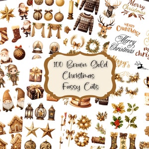 Kit de diário de recortes de Natal marrom dourado e fussy cuts, cliparts de scrapbook de Natal, arte para impressão de Natal, aquarela marrom, itens efêmeros de Natal