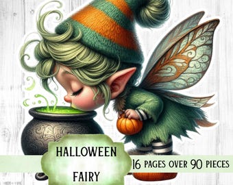 Op de afbeelding: Een Halloween-feeënsticker met een groen en oranje gestreepte hoed, een groene outfit en gedetailleerde vleugels. De fee wordt afgebeeld met een ketel en een kleine pompoen. De tekst "Halloween Fairy" wordt weergegeven op een decoratief label.