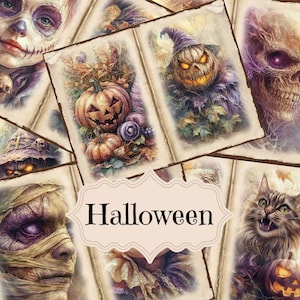 Suministros para diario basura de Halloween de estilo vintage con acuarela, kit de collage imprimible para álbum de recortes de Halloween, fondos de Halloween Shabby Chic