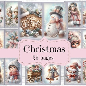 Fournitures pour journal de Noël classique rose gris, papiers de scrapbooking de Noël vintage, arrière-plans de Noël shabby chic, images de Noël