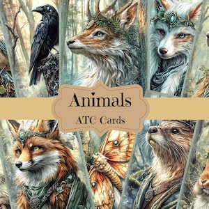 May include: A collage of nine illustrated animal cards with a title that reads "Animals ATC Cards". The cards feature a variety of animals, including a fox, a deer, a rabbit, a bird, a raven, a wolf, an otter, and a hedgehog. The cards are all set against a forest background.