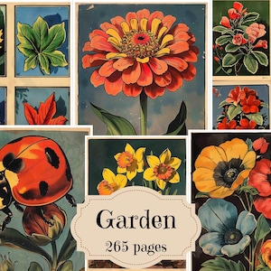 Suprimentos para diário de lixo de jardim, scrapbook de jardim vintage, papel para impressão, flores, scrapbook chique gasto, fundos florais, flores efêmeras