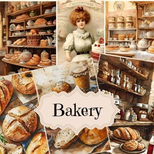 Forniture per diari di panetteria vintage, album di ricette, kit di carta digitale, sfondi per panetteria shabby chic, stampabili, antica vecchia panetteria