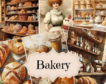 May include: A collage of images depicting a bakery. The images show various types of bread, pastries, and jars of preserves. The word "Bakery" is written in a decorative font on a white background.