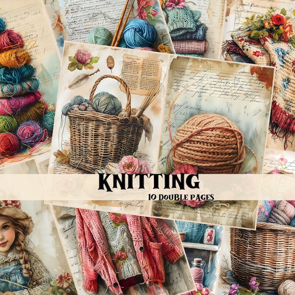 Knitting Junk Journal Kit Knitting Scrapbook Digital Printable Pages Junk Journal Supplies Knitted Accessories Shabby Chic Backgrounds
