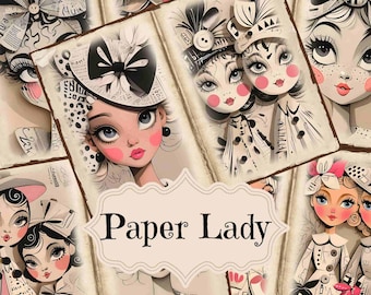 Puede incluir: Un collage de papel digital con ilustraciones de mujeres con ojos grandes y sombreros caprichosos. El papel está decorado con lunares negros y blancos, recortes de periódicos y el texto "Paper Lady".