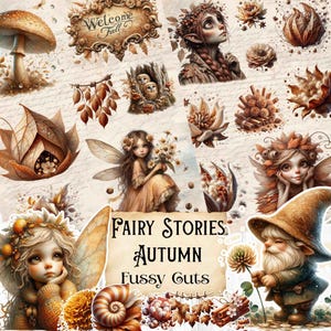 Può includere: Una collezione di illustrazioni stravaganti a tema autunnale. L'immagine presenta fate, gnomi, funghi ed elementi floreali in calde tonalità terrose. Il testo include "Welcome Fall" e "Fairy Stories Autumn Fussy Guts".