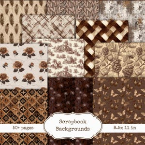 Puede incluir: Una colección de fondos de scrapbook con varios patrones y colores. Los diseños incluyen rosas, mariposas, formas geométricas y motivos florales. El texto "Scrapbook Backgrounds" se muestra en una etiqueta blanca. Las páginas miden 21,59 x 27,94 cm.