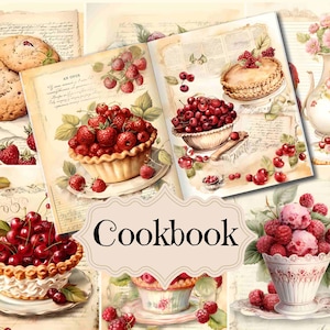 Kochbuch Junk Journal Zubehör Rot Vintage Kochbuch Sammelalbum Digitales Papier Kochseiten Shabby Chic Dessert Hintergründe Alte Rezeptseite