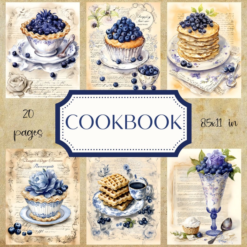 Junk Journal Kit Blue Vintage Cookbook Scrapbook Digital Paper Kit