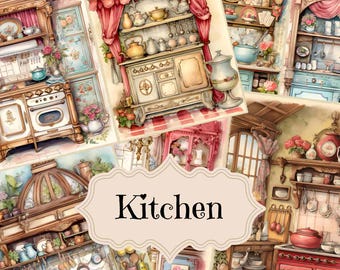 Vintage Kitchen Junk Journal Kit: Shabby Chic Scrapbook-Papier (Digital)